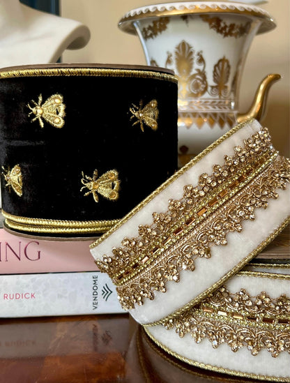 Napoleon Noir Velvet Ribbon- Gold Embroidered Bees 4" x 5 yards