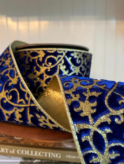 Cobalt Royale Velvet Ribbon - Gold Glitter Scroll 4” x 10 yards
