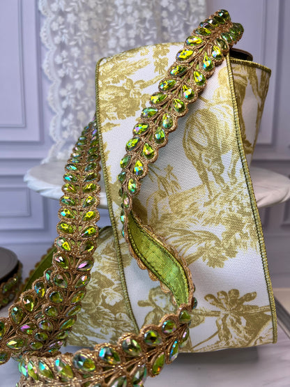 Aurora Borealis Jeweled Wired Ribbon – Lime Green & Gold Designer Trim, 1 Inch, 5 Yards