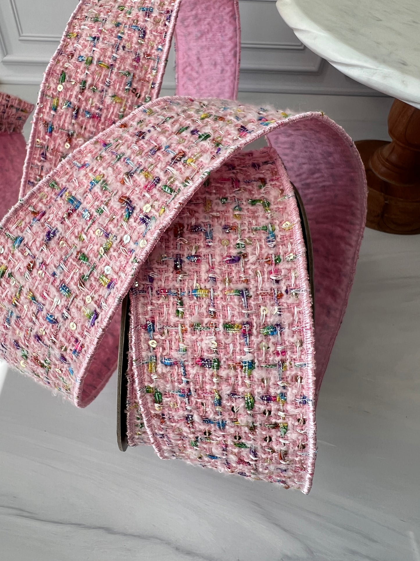Pink Bouclé Sequin Confetti Ribbon – 2.5” x 10 Yards