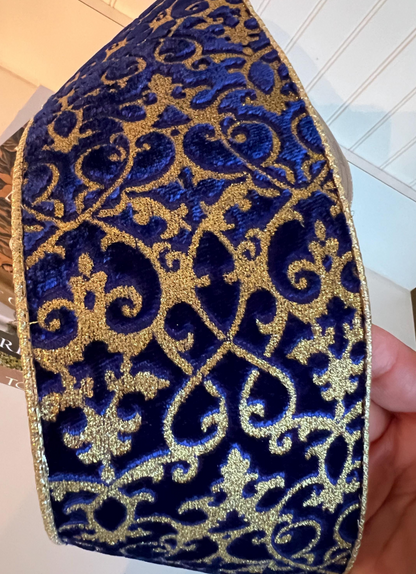 Cobalt Royale Velvet Ribbon - Gold Glitter Scroll 4” x 10 yards