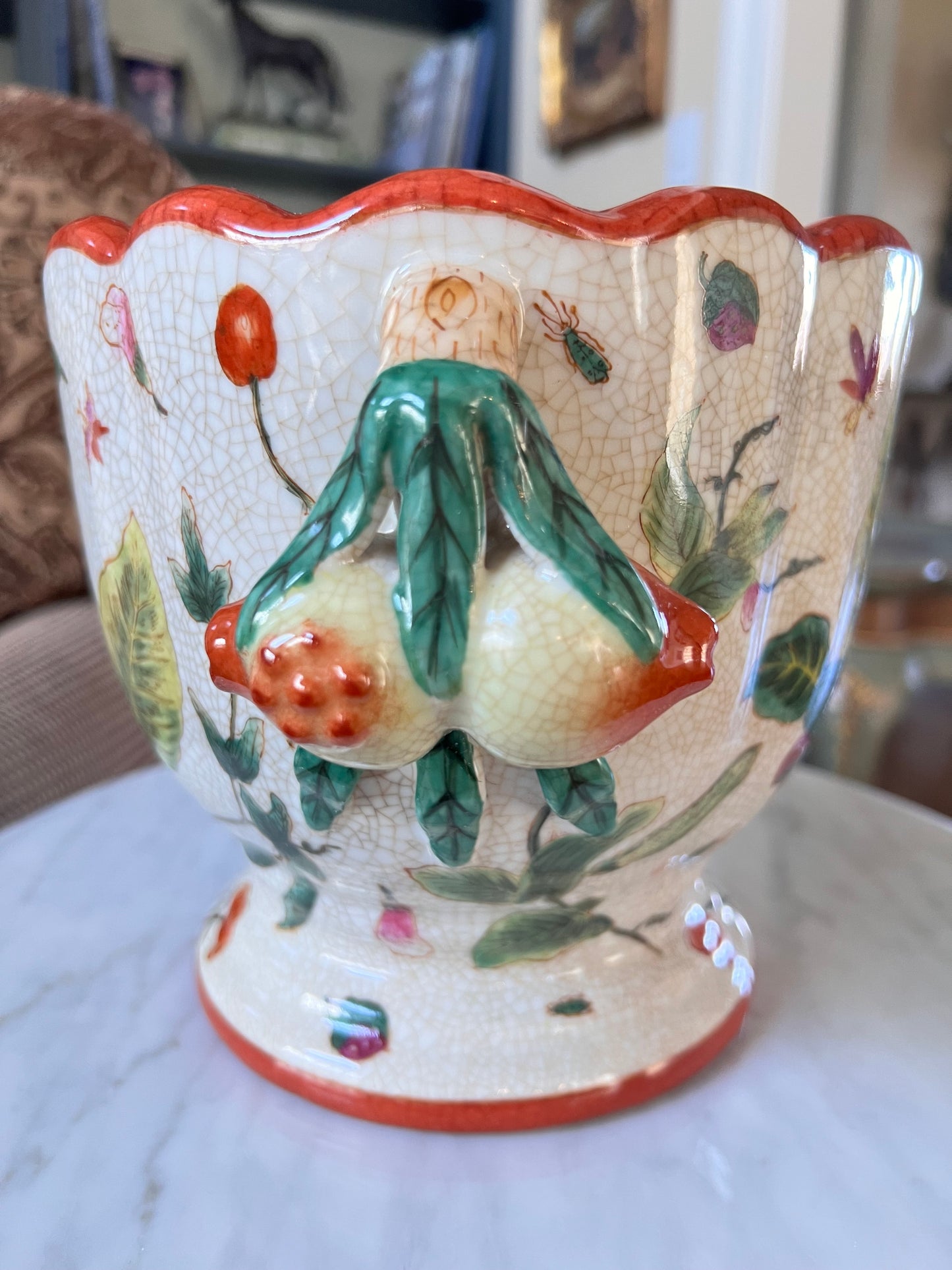 Canton Leaf Chinoiserie Planter – Antiqued Glaze, Crackle Appearance, Figural Fruit Handles