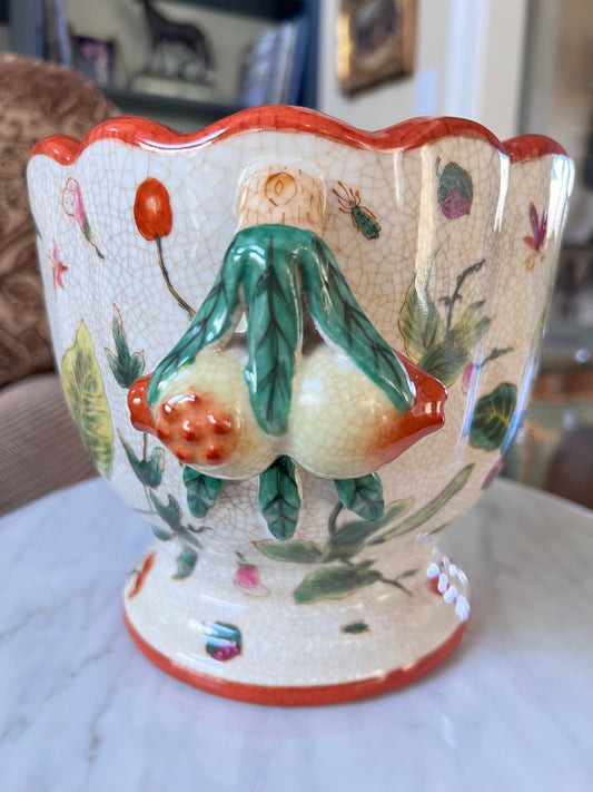 Canton Leaf Chinoiserie Planter – Antiqued Glaze, Crackle Appearance, Figural Fruit Handles
