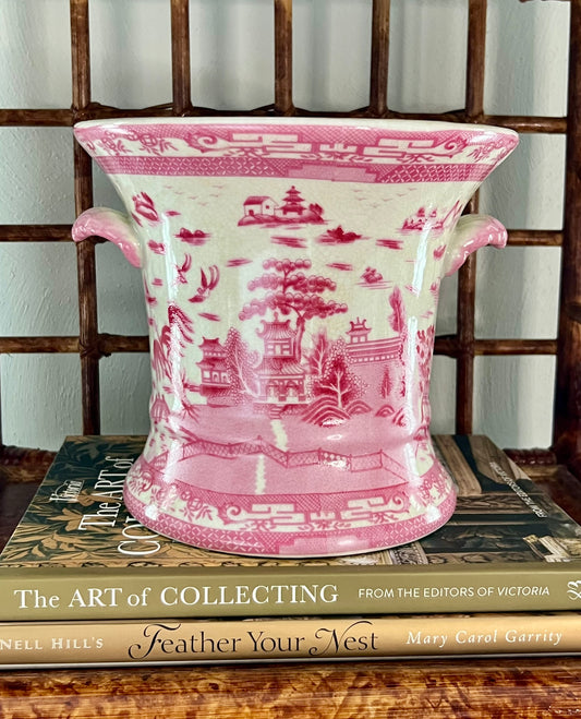 Pink pagoda garden chinoiserie cachepot with decorative handles and crackle glaze
