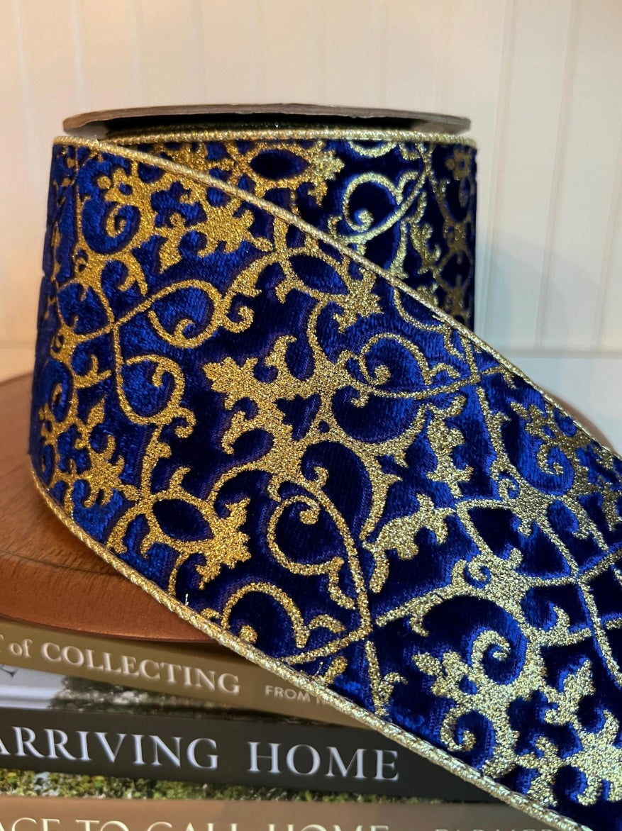 Cobalt Royale Velvet Ribbon - Gold Glitter Scroll 4” x 10 yards