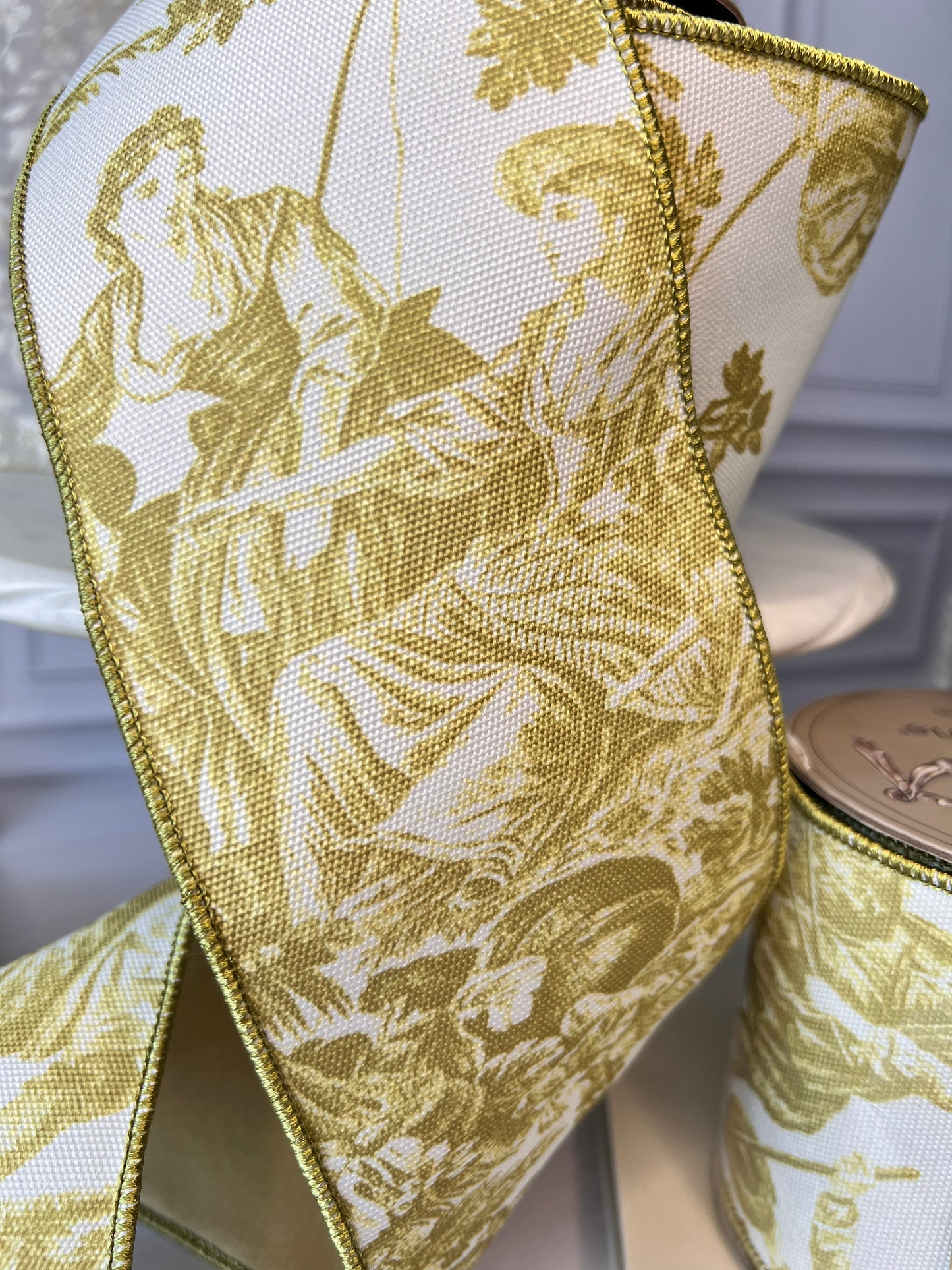 Apple Green Garden Toile Wired Ribbon – 4” Scenic Ribbon, 10 Yard Roll