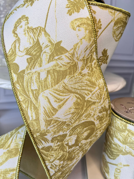 Apple Green Garden Toile Wired Ribbon – 4” Scenic Ribbon, 10 Yard Roll