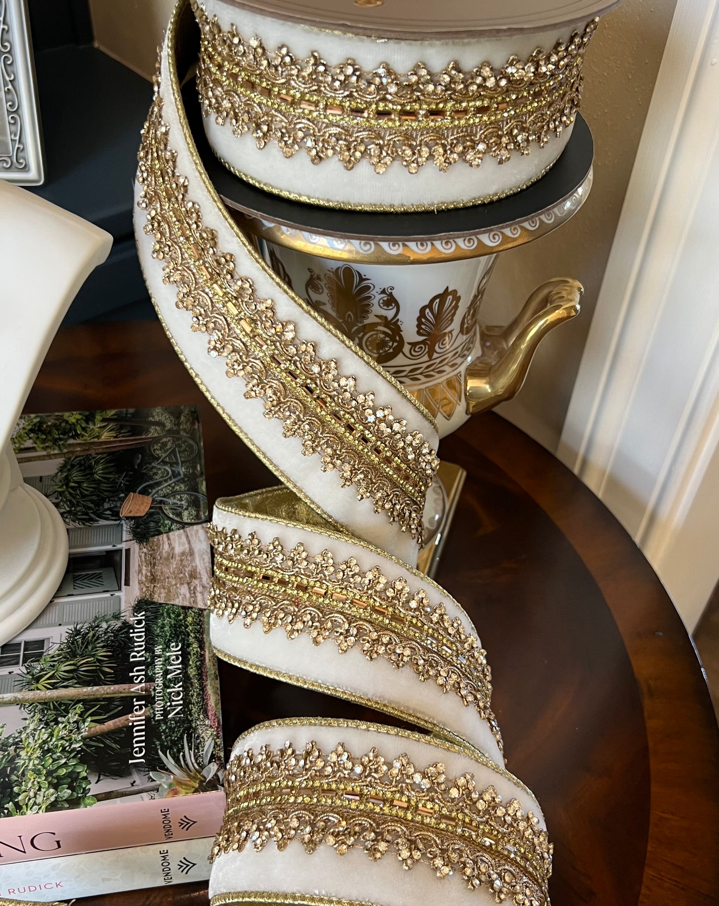 Winter Wonderland Jeweled Velvet Ribbon- Gold Trim  - 2.5" x 5 Yards