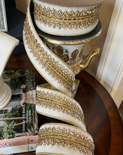 Winter Wonderland Jeweled Velvet Ribbon- Gold Trim  - 2.5" x 5 Yards