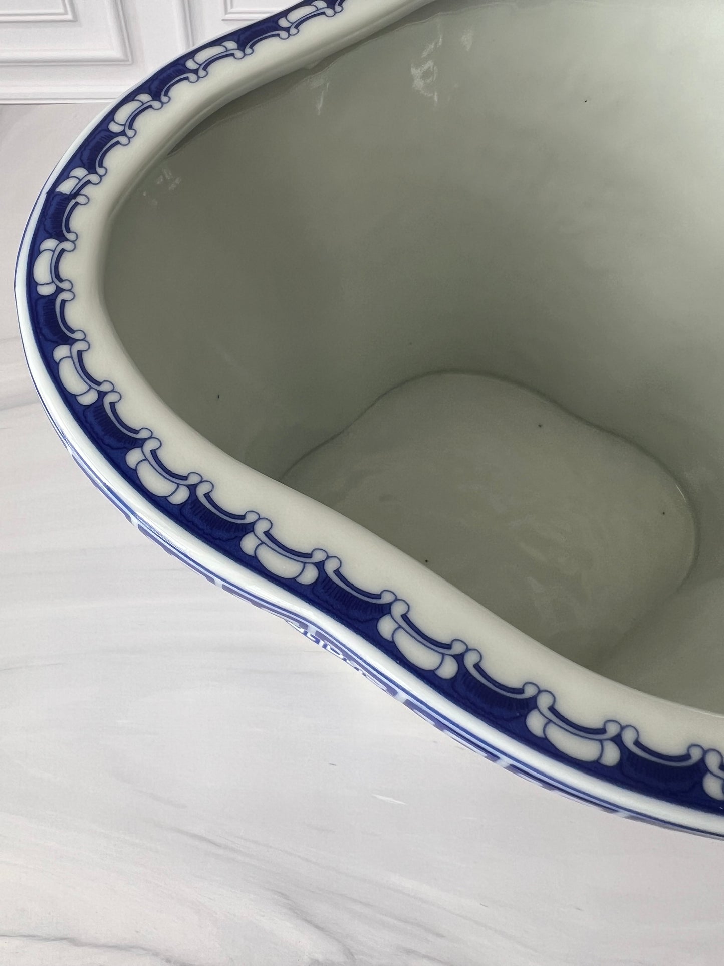 Large Blue & White Chinoiserie Porcelain Planter with Bird & Floral Motif