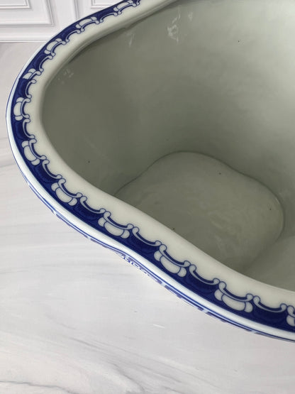 Large Blue & White Chinoiserie Porcelain Planter with Bird & Floral Motif