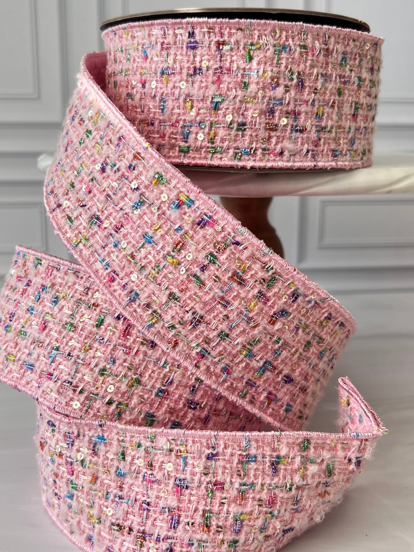 Pink Bouclé Sequin Confetti Ribbon – 2.5” x 10 Yards