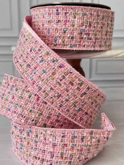 Pink Bouclé Sequin Confetti Ribbon – 2.5” x 10 Yards