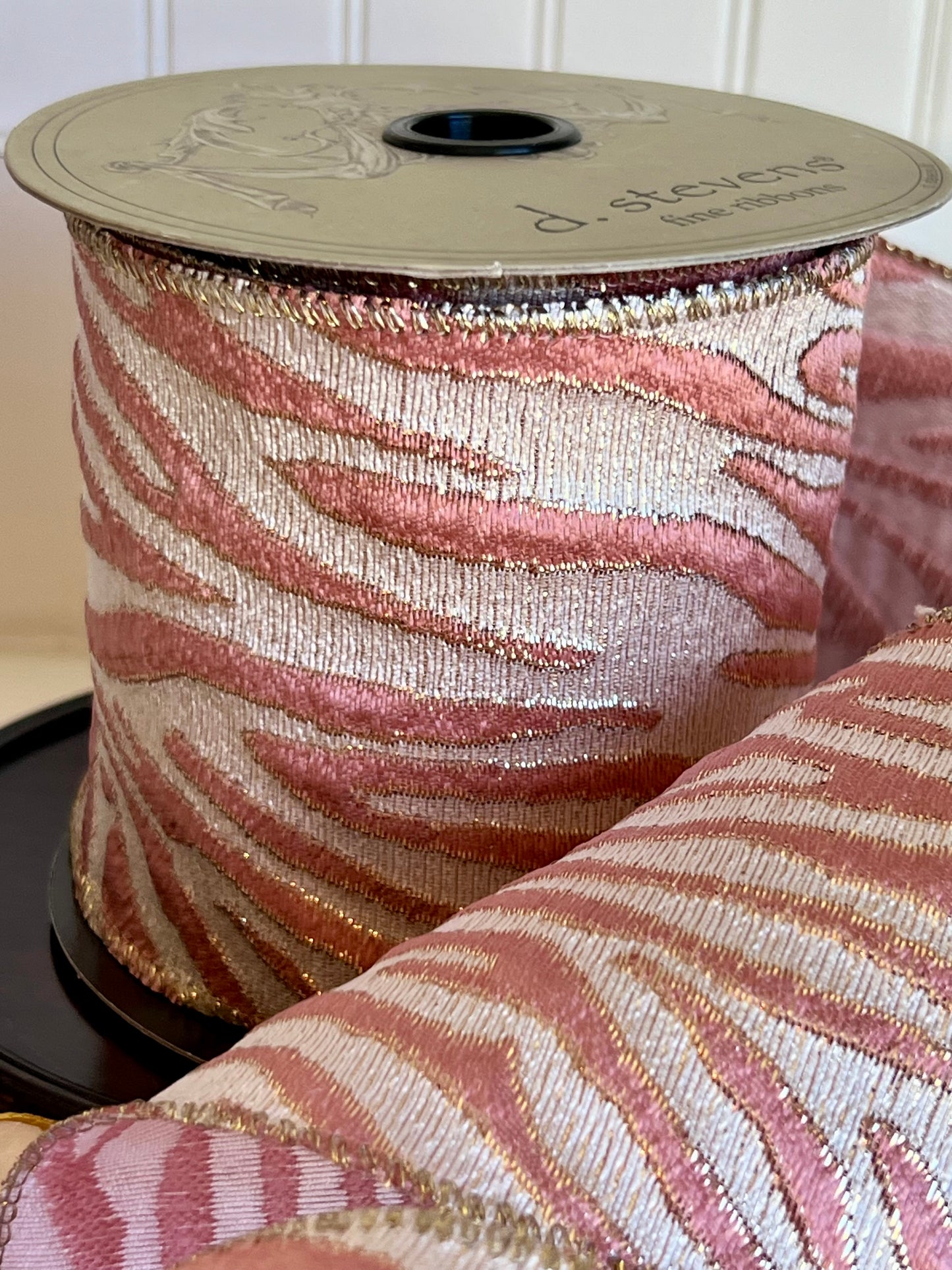 Gilded Safari Stripe Ribbon Rose Pink & Champagne Gold, 4" x 10 Yards