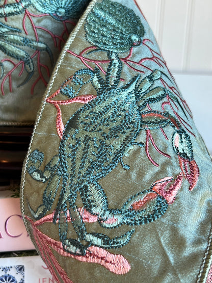 Celadon Coastal Crab Embroidered Dupioni Ribbon (4" x 5 Yards)