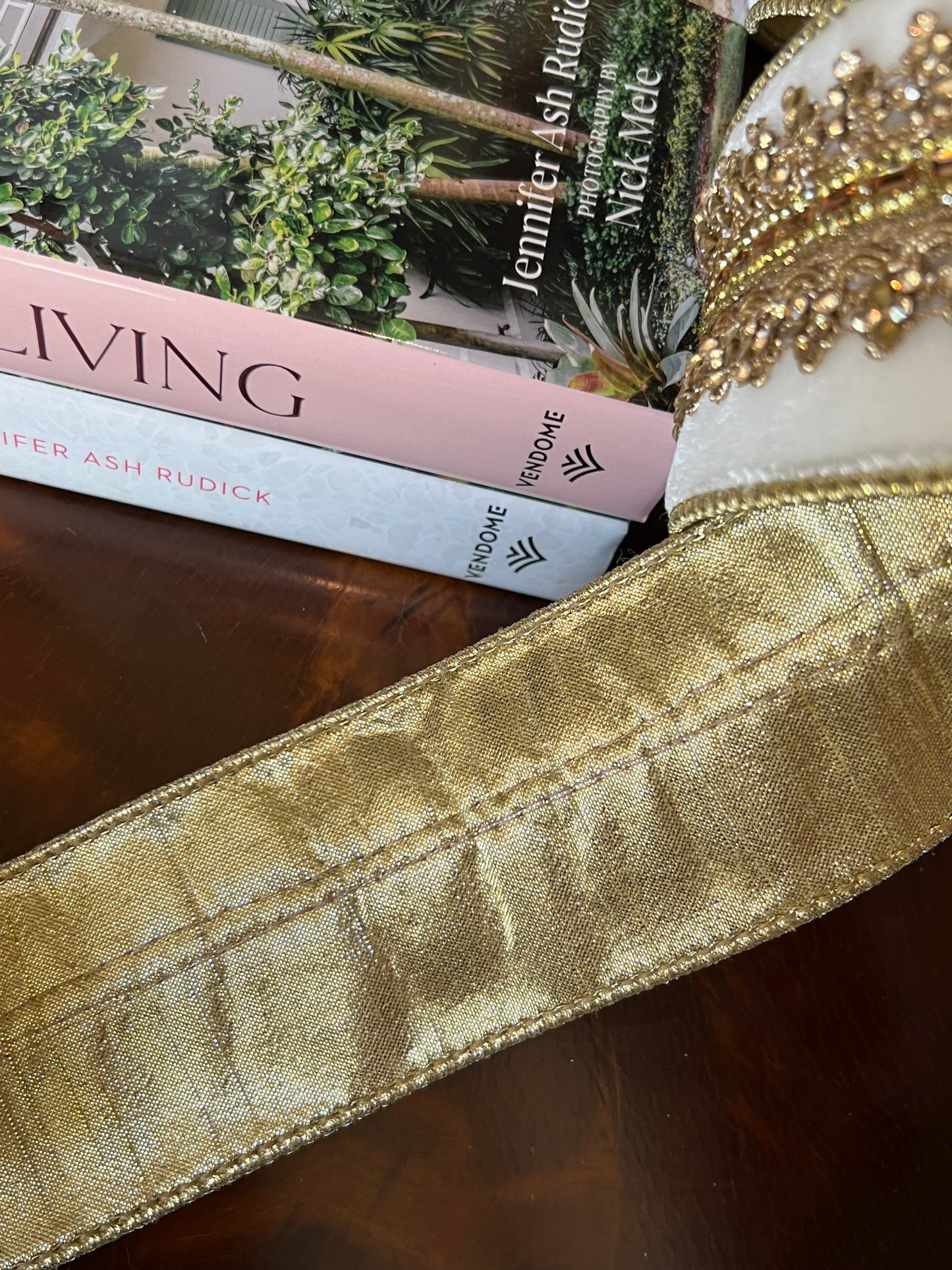 Winter Wonderland Jeweled Velvet Ribbon- Gold Trim  - 2.5" x 5 Yards