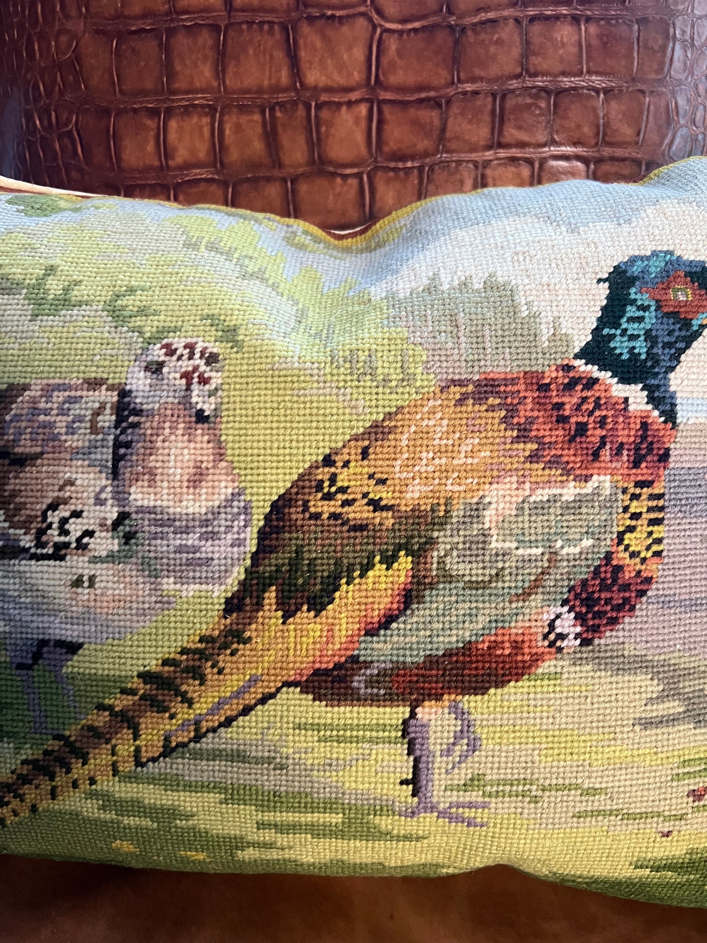 Feather & Field Needlepoint Pillow- Pheasant & Grouse, Down Filled