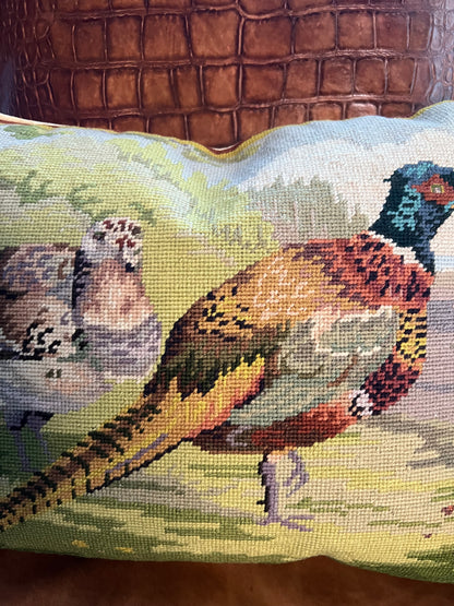Feather & Field Needlepoint Pillow- Pheasant & Grouse, Down Filled