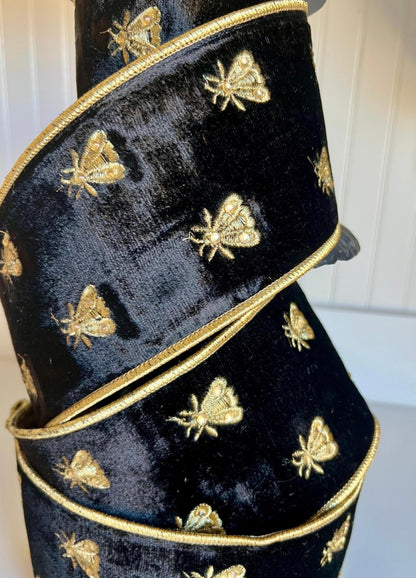Napoleon Noir Velvet Ribbon- Gold Embroidered Bees 4" x 5 yards
