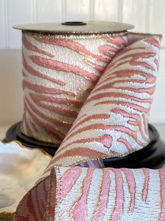 Gilded Safari Stripe Ribbon Rose Pink & Champagne Gold, 4" x 10 Yards