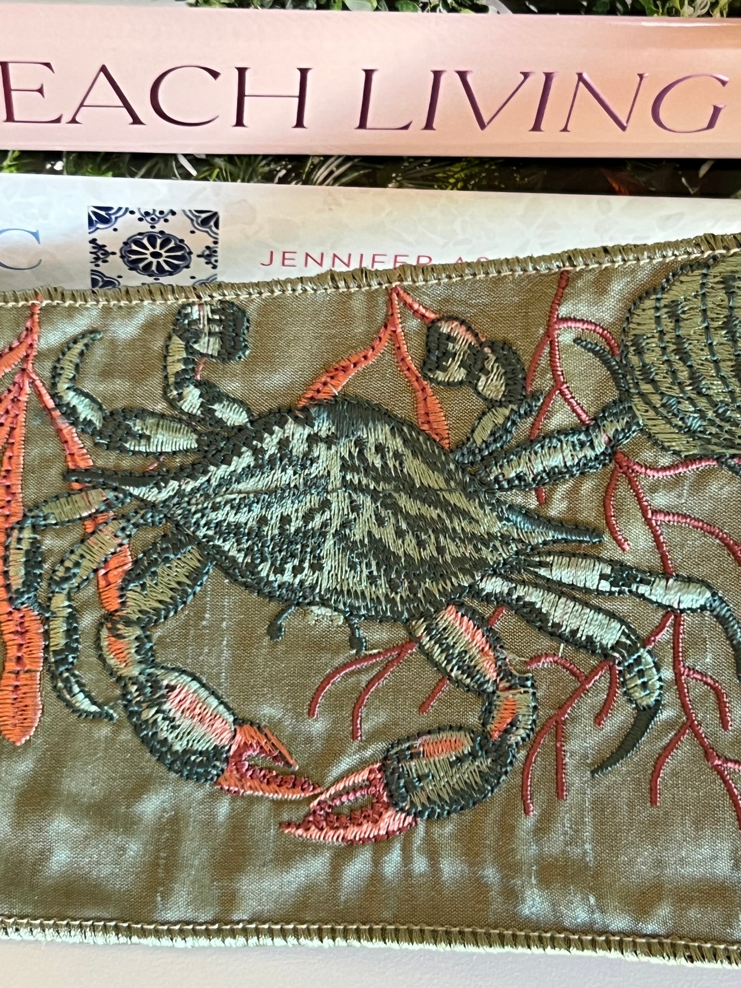 Celadon Coastal Crab Embroidered Dupioni Ribbon (4" x 5 Yards)