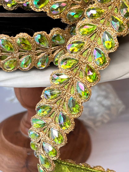 Aurora Borealis Jeweled Wired Ribbon – Lime Green & Gold Designer Trim, 1 Inch, 5 Yards