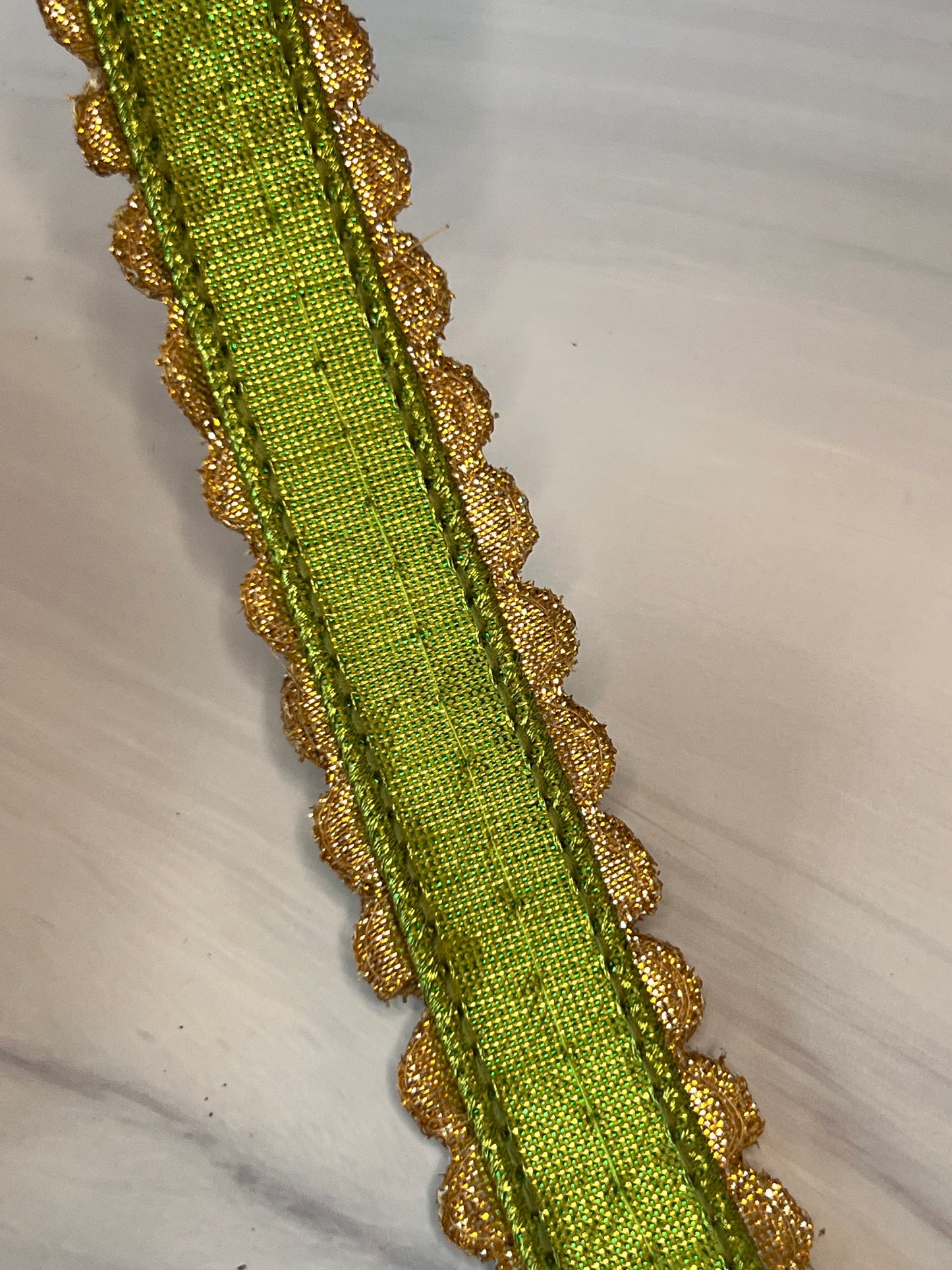 Aurora Borealis Jeweled Wired Ribbon – Lime Green & Gold Designer Trim, 1 Inch, 5 Yards
