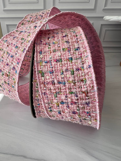 Pink Bouclé Sequin Confetti Ribbon – 2.5” x 10 Yards