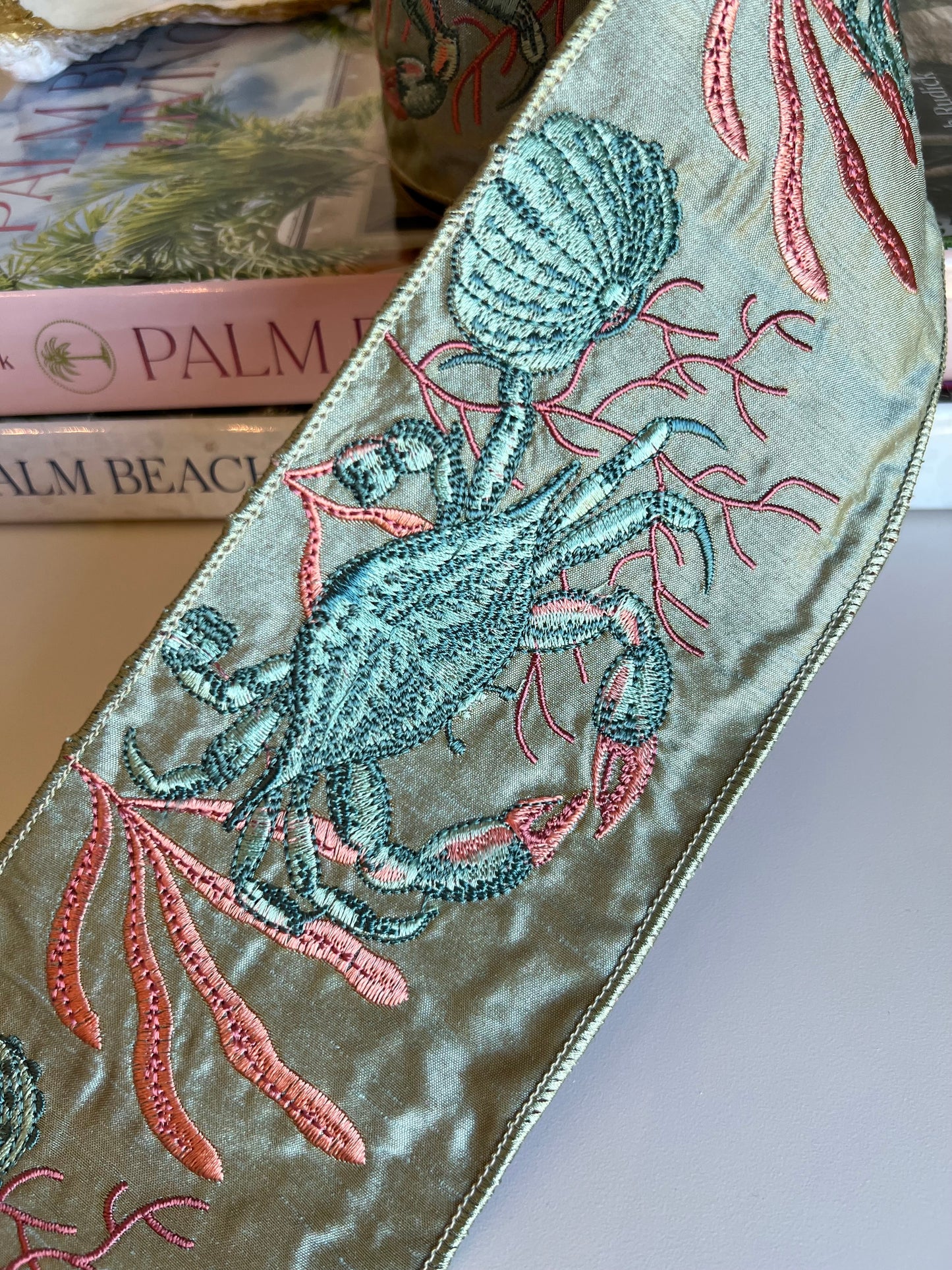 Celadon Coastal Crab Embroidered Dupioni Ribbon (4" x 5 Yards)