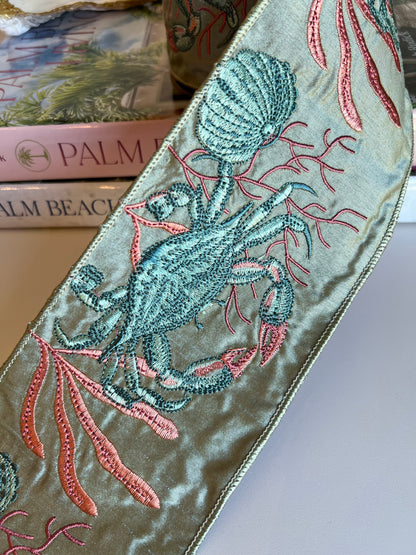 Celadon Coastal Crab Embroidered Dupioni Ribbon (4" x 5 Yards)