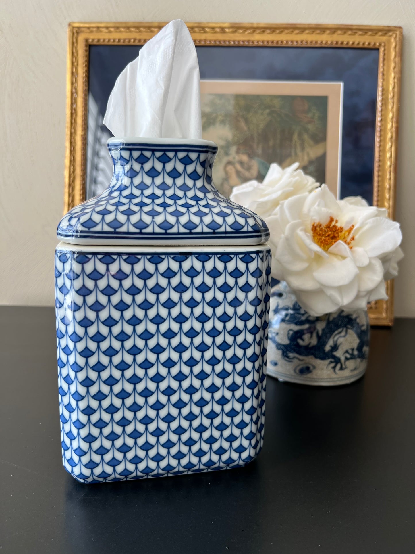Blue & White Fish Scale Pattern Porcelain Tissue Box