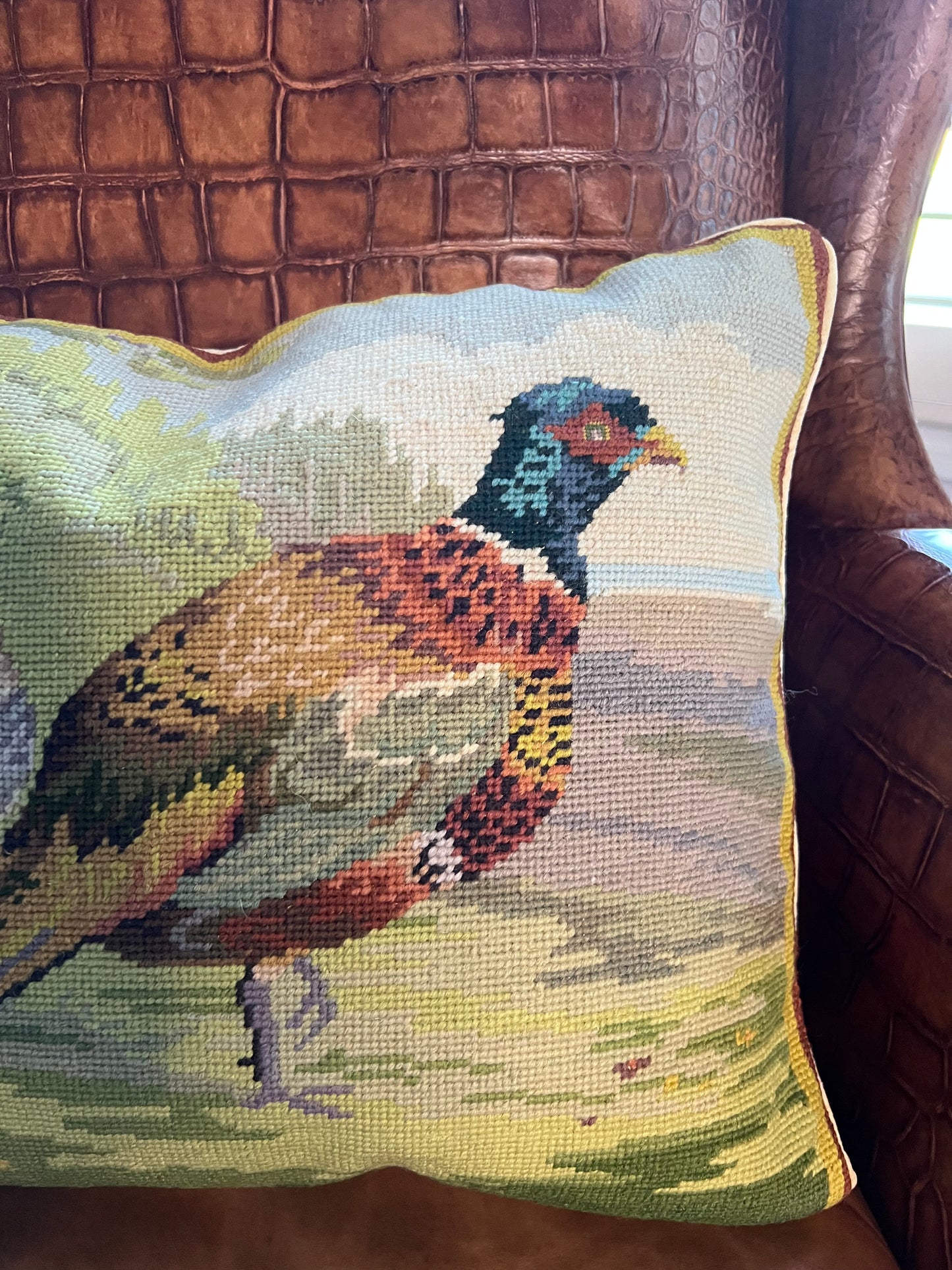 Feather & Field Needlepoint Pillow- Pheasant & Grouse, Down Filled