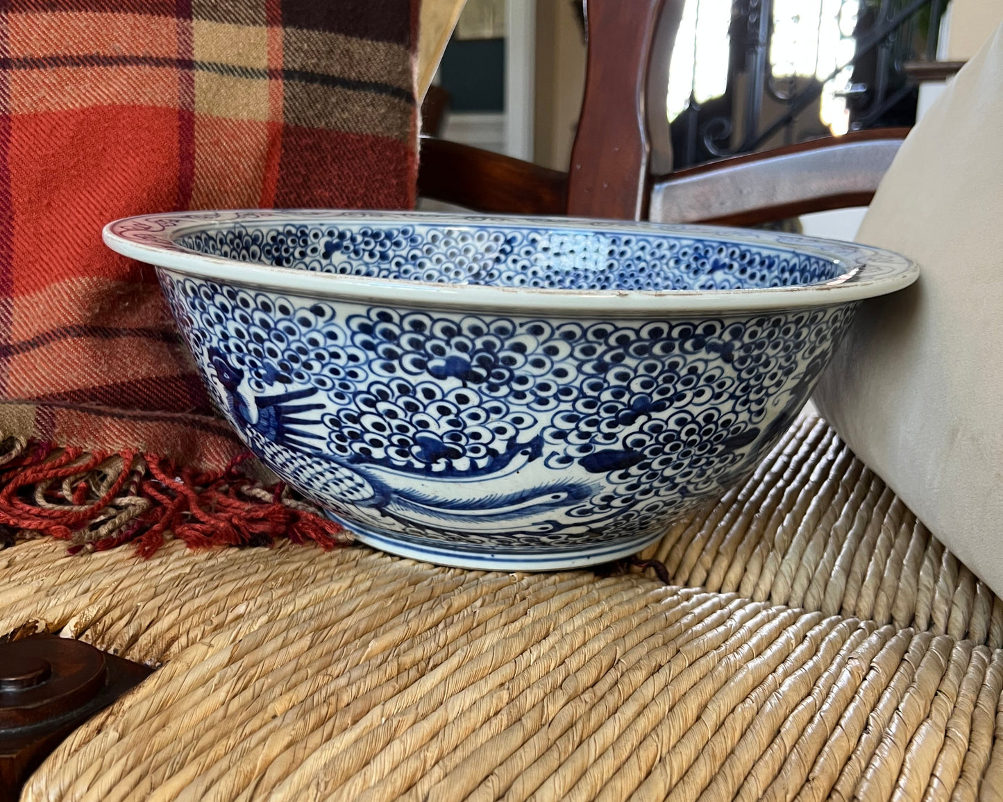 Porcelain Blue & White Handmade Phoenix Garden Bowl