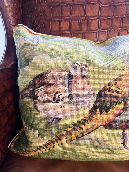 Feather & Field Needlepoint Pillow- Pheasant & Grouse, Down Filled