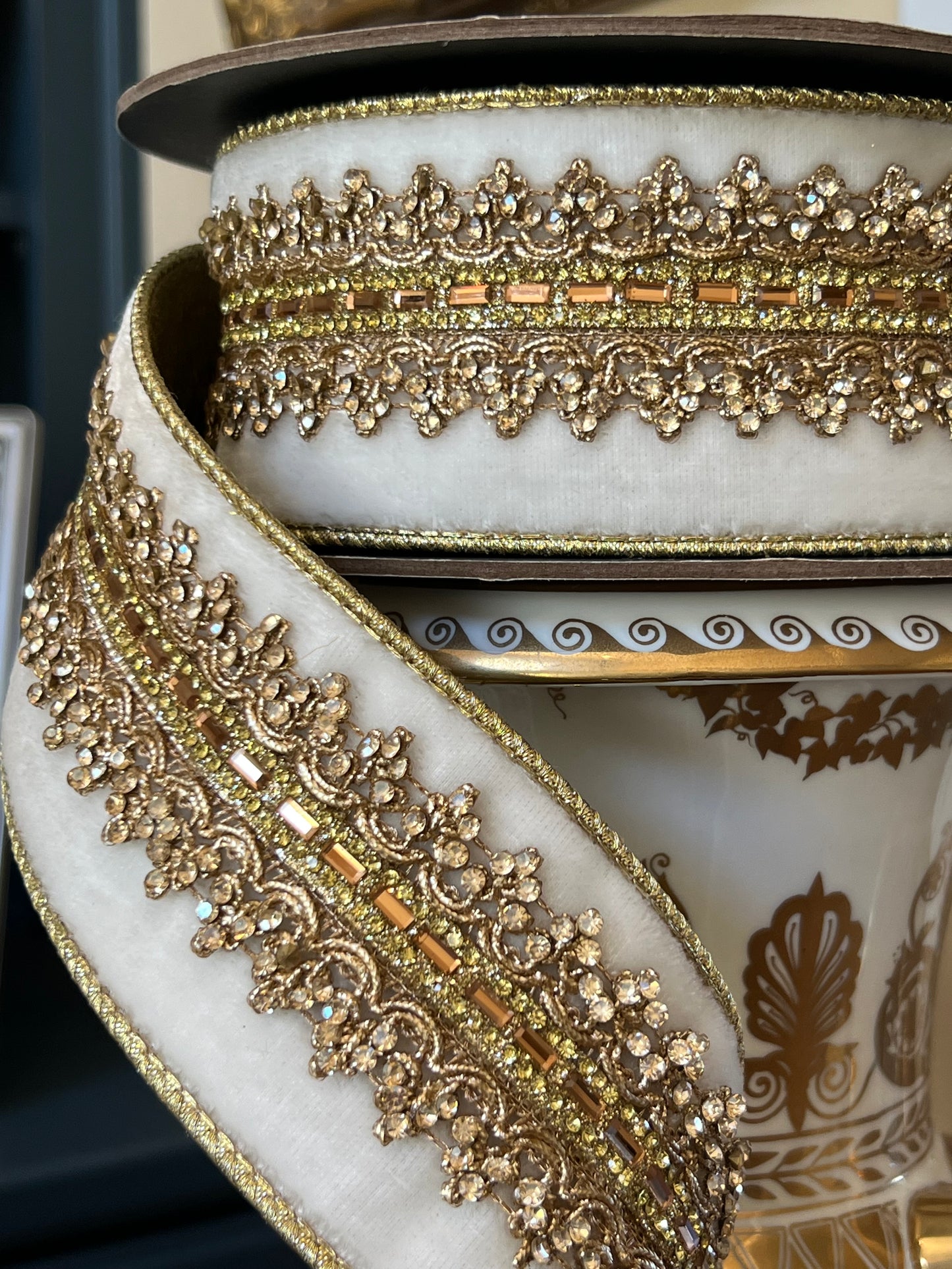 Winter Wonderland Jeweled Velvet Ribbon- Gold Trim  - 2.5" x 5 Yards