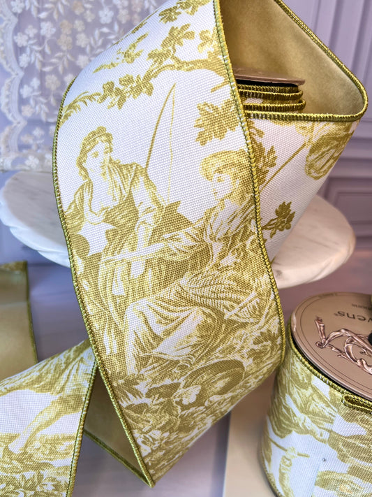 Apple green garden toile wired ribbon roll with scenic pastoral print, 4 inch decorative ribbon for wreaths, bows and gift wrapping