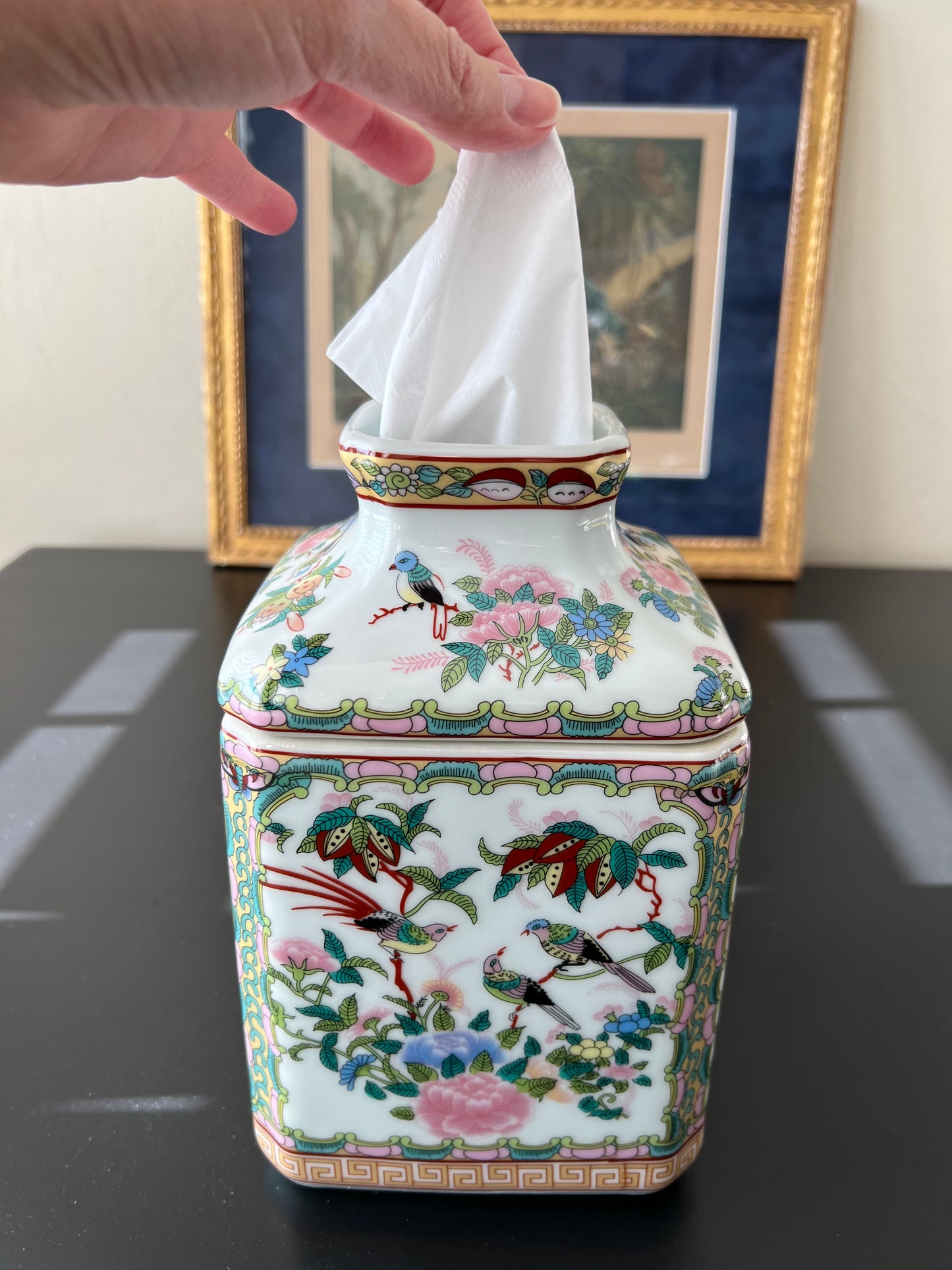Rose Medallion Style Porcelain Tissue Box Cover - Chinoiserie Style