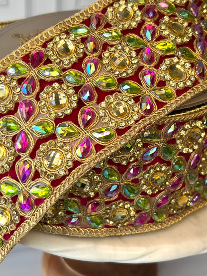 Jeweled Pink, Green & Gold Statement Ribbon – 3” x 5 Yards, Gold Backed