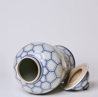 Blue & White Honeycomb Lattice Porcelain Ginger Jar 20” Tall