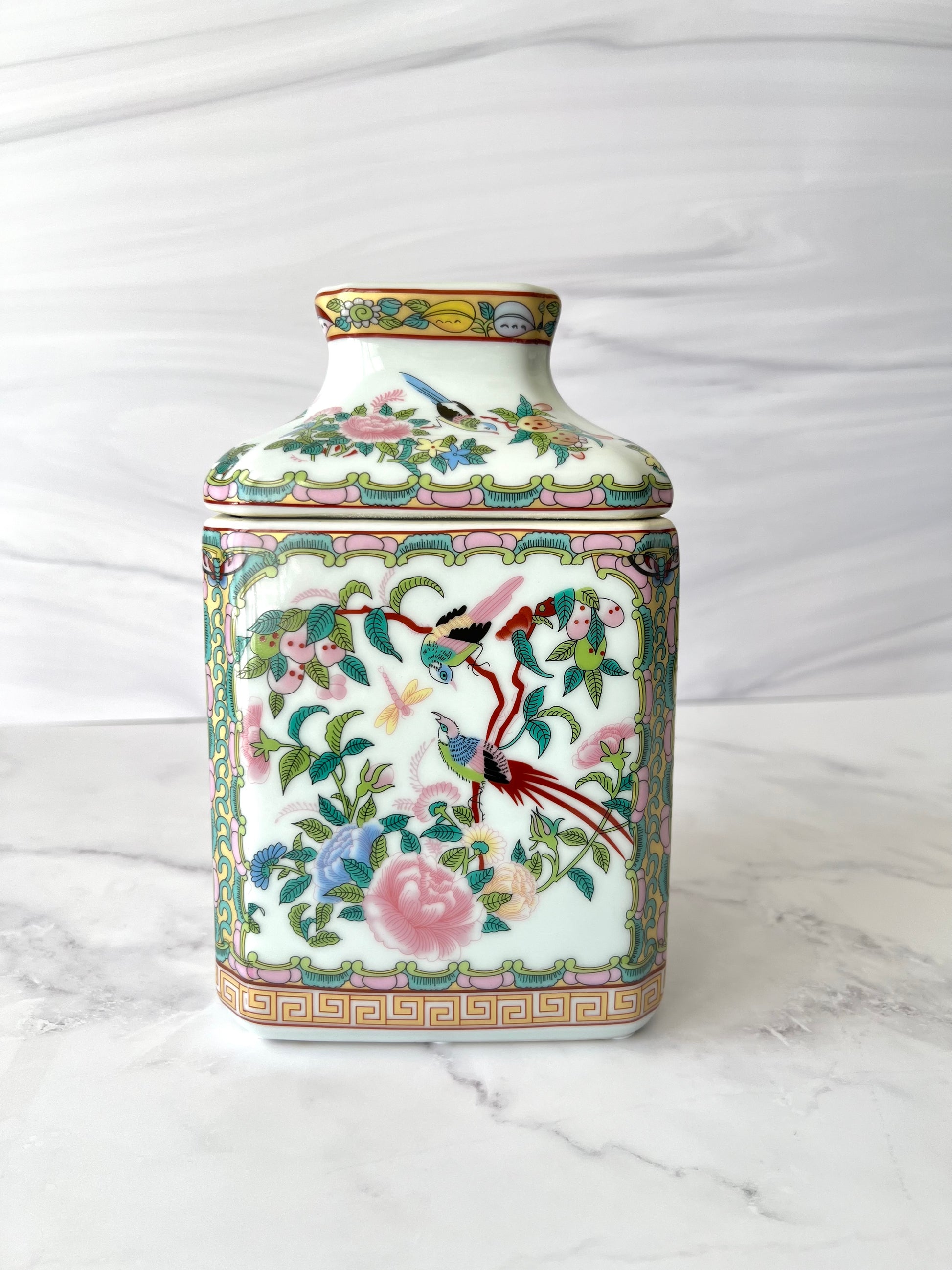 rose medallion style decorative porcelain tissue cover on white background