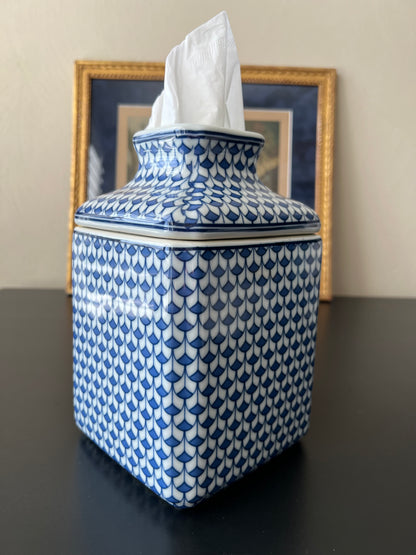 Blue & White Fish Scale Pattern Porcelain Tissue Box