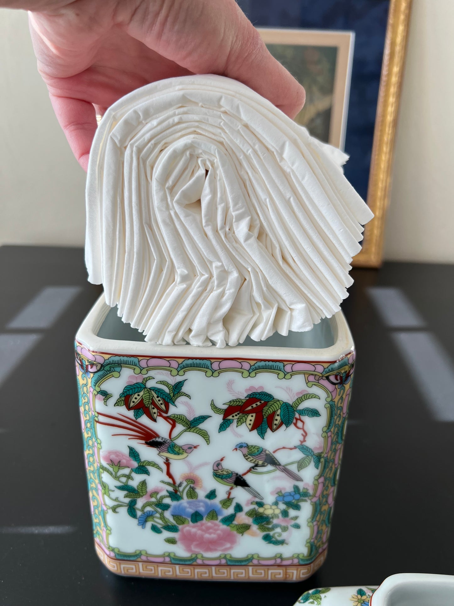 Rose Medallion Style Porcelain Tissue Box Cover - Chinoiserie Style