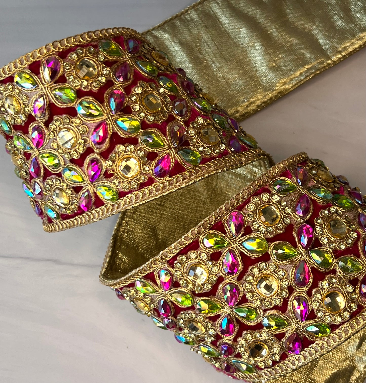 Jeweled Pink, Green & Gold Statement Ribbon – 3” x 5 Yards, Gold Backed