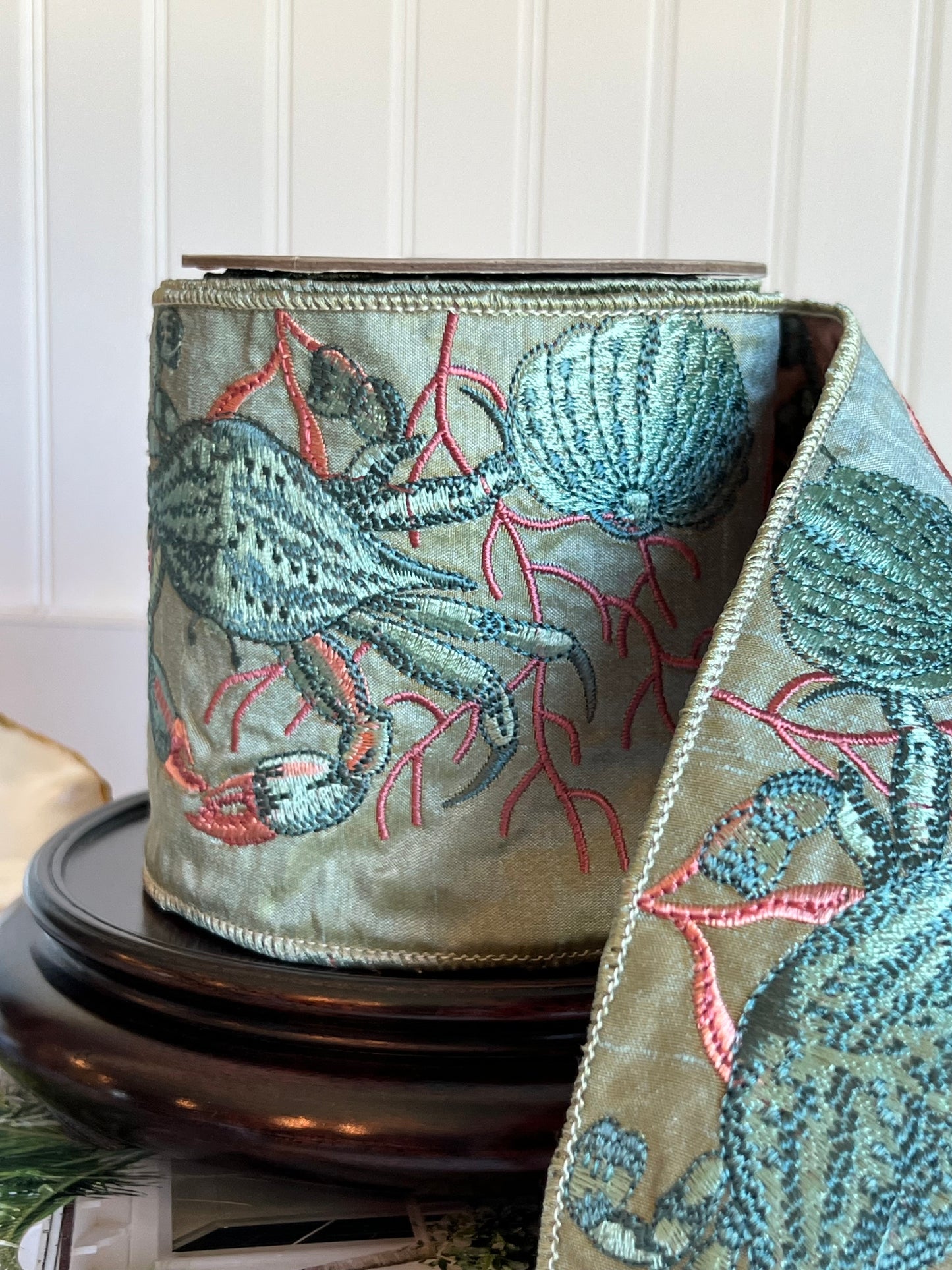 Celadon Coastal Crab Embroidered Dupioni Ribbon (4" x 5 Yards)