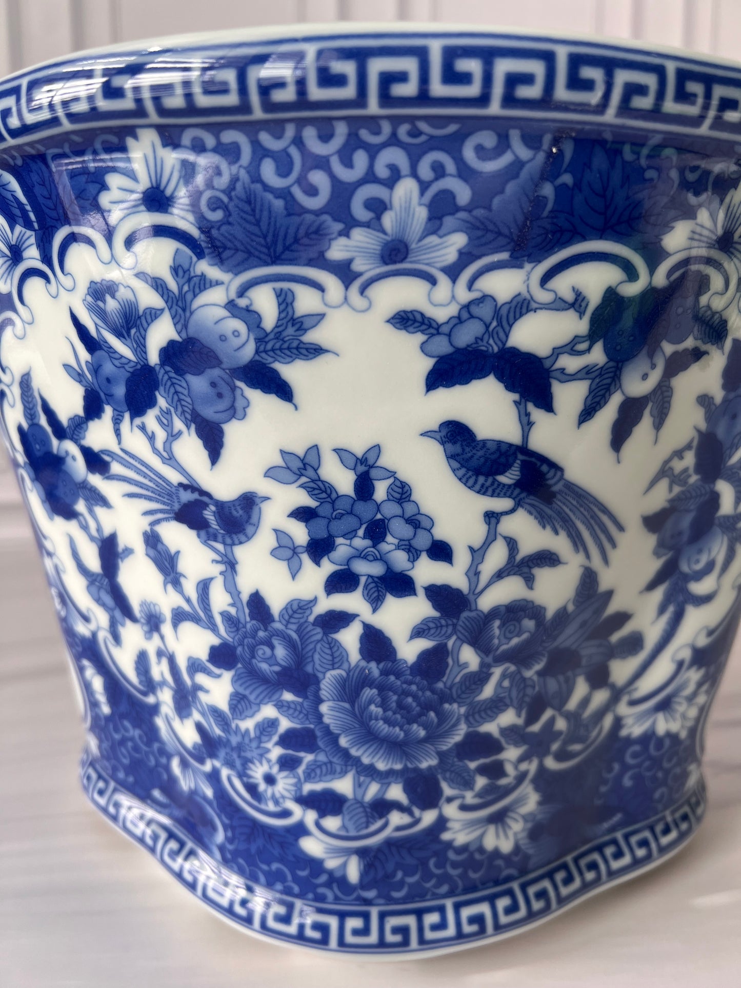 Large Blue & White Chinoiserie Porcelain Planter with Bird & Floral Motif