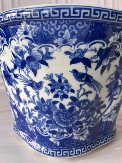 Large Blue & White Chinoiserie Porcelain Planter with Bird & Floral Motif