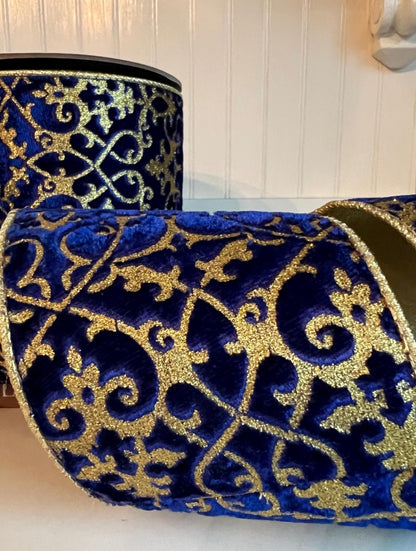 Cobalt Royale Velvet Ribbon - Gold Glitter Scroll 4” x 10 yards