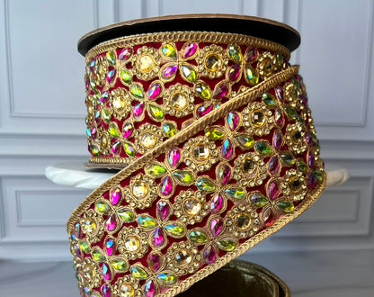 Designer jeweled statement ribbon in pink, green, and gold with gold metallic backing
