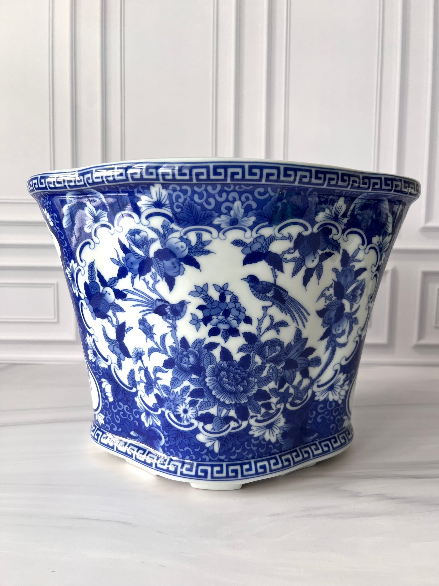 Large Blue & White Chinoiserie Porcelain Planter with Bird & Floral Motif