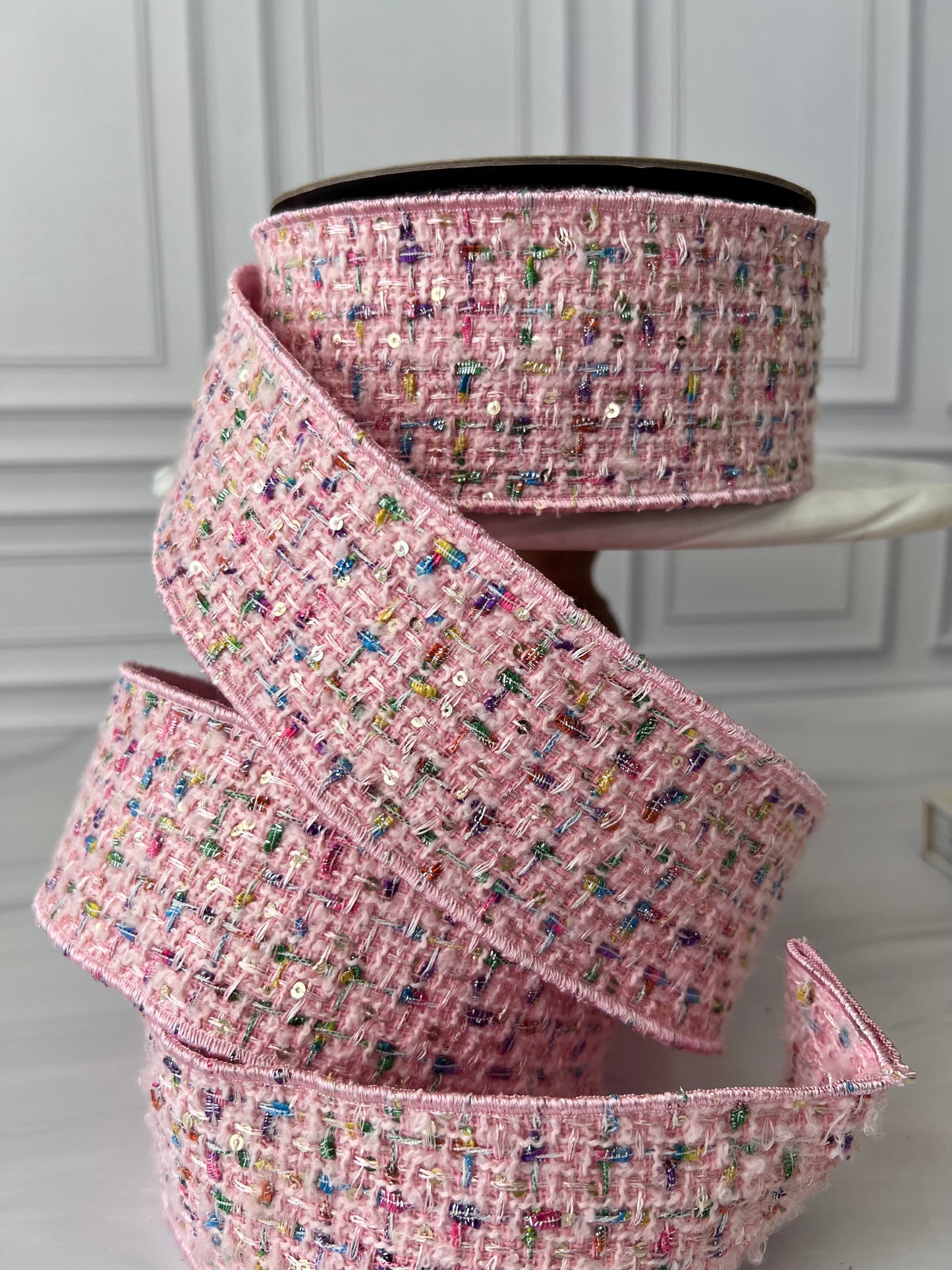 Pink Bouclé Sequin Confetti Ribbon – 2.5” x 10 Yards
